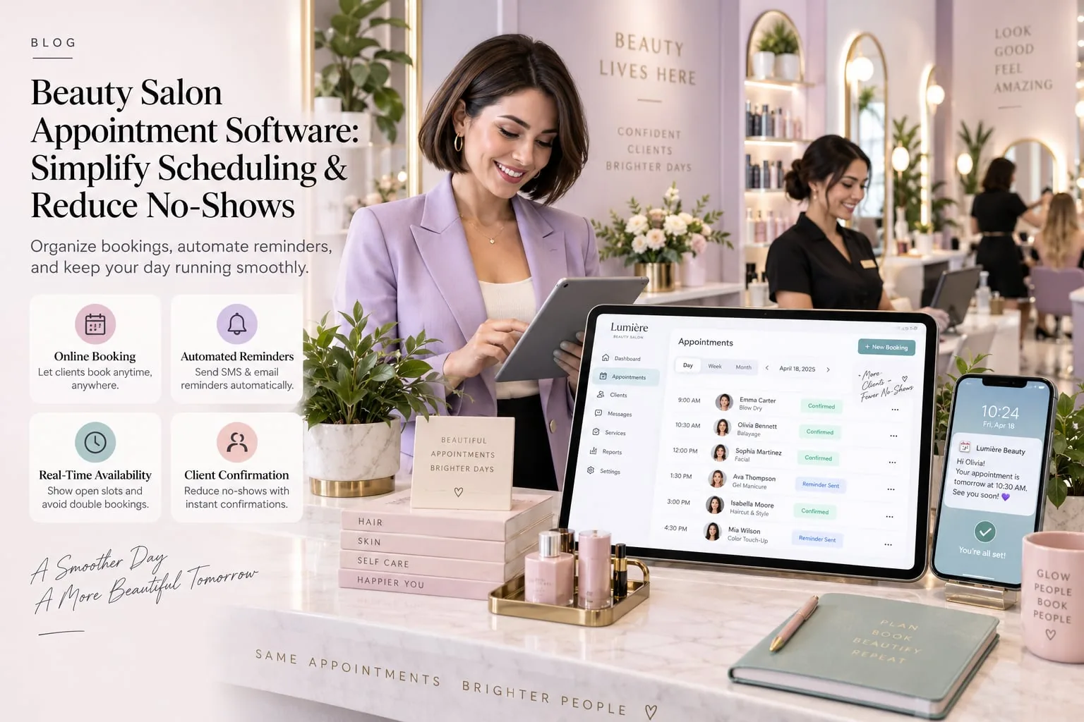 Wellnito blog banner for "Beauty Salon Appointment Software: Simplify Scheduling & Reduce No-Shows" showing a salon manager arranging staff and appointment schedules on a tablet in a beauty salon