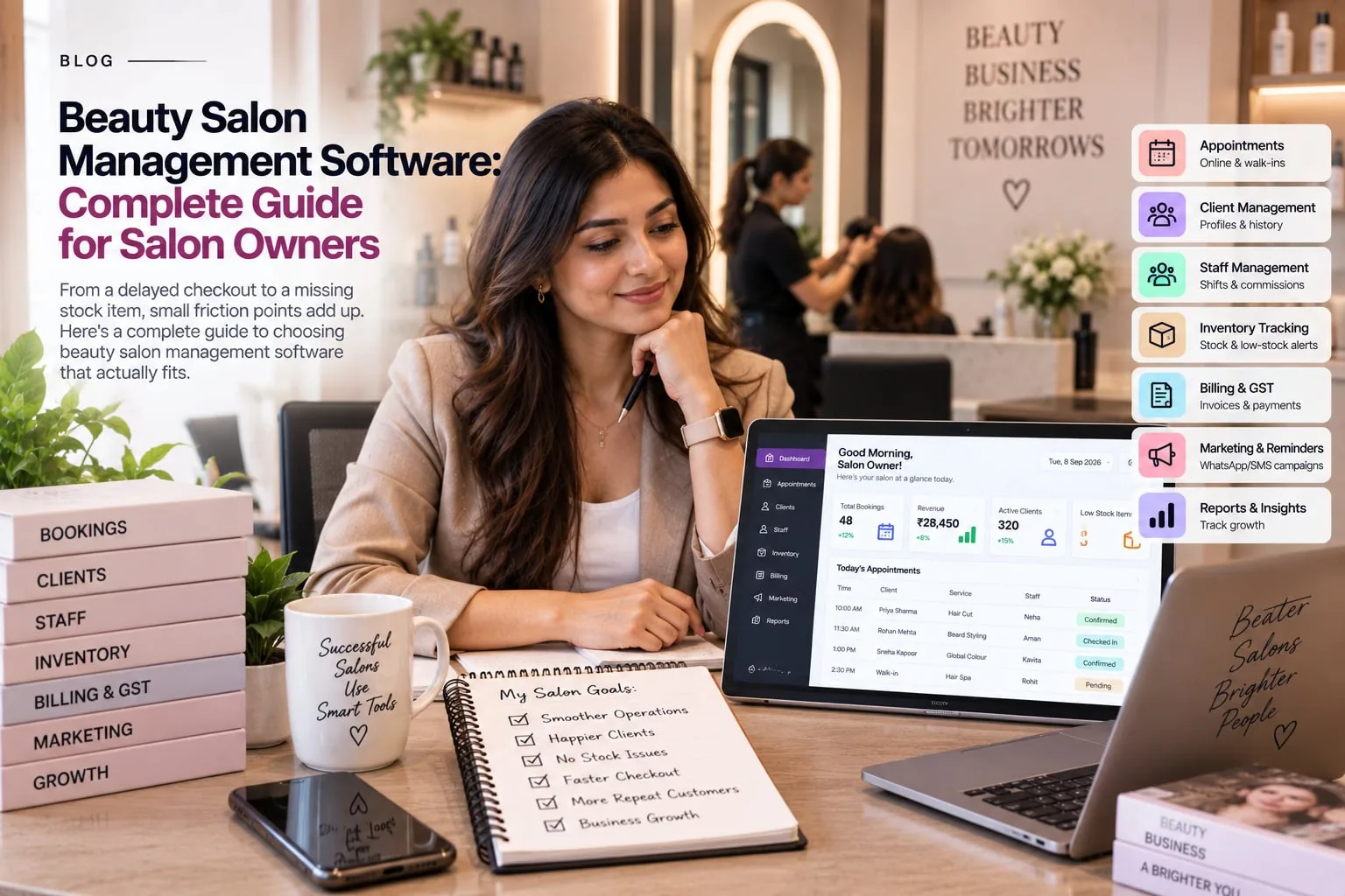 Wellnito blog banner for "Beauty Salon Management Software: Complete Guide for Salon Owners" showing a salon professional using a tablet with the software's dashboard in a beauty salon