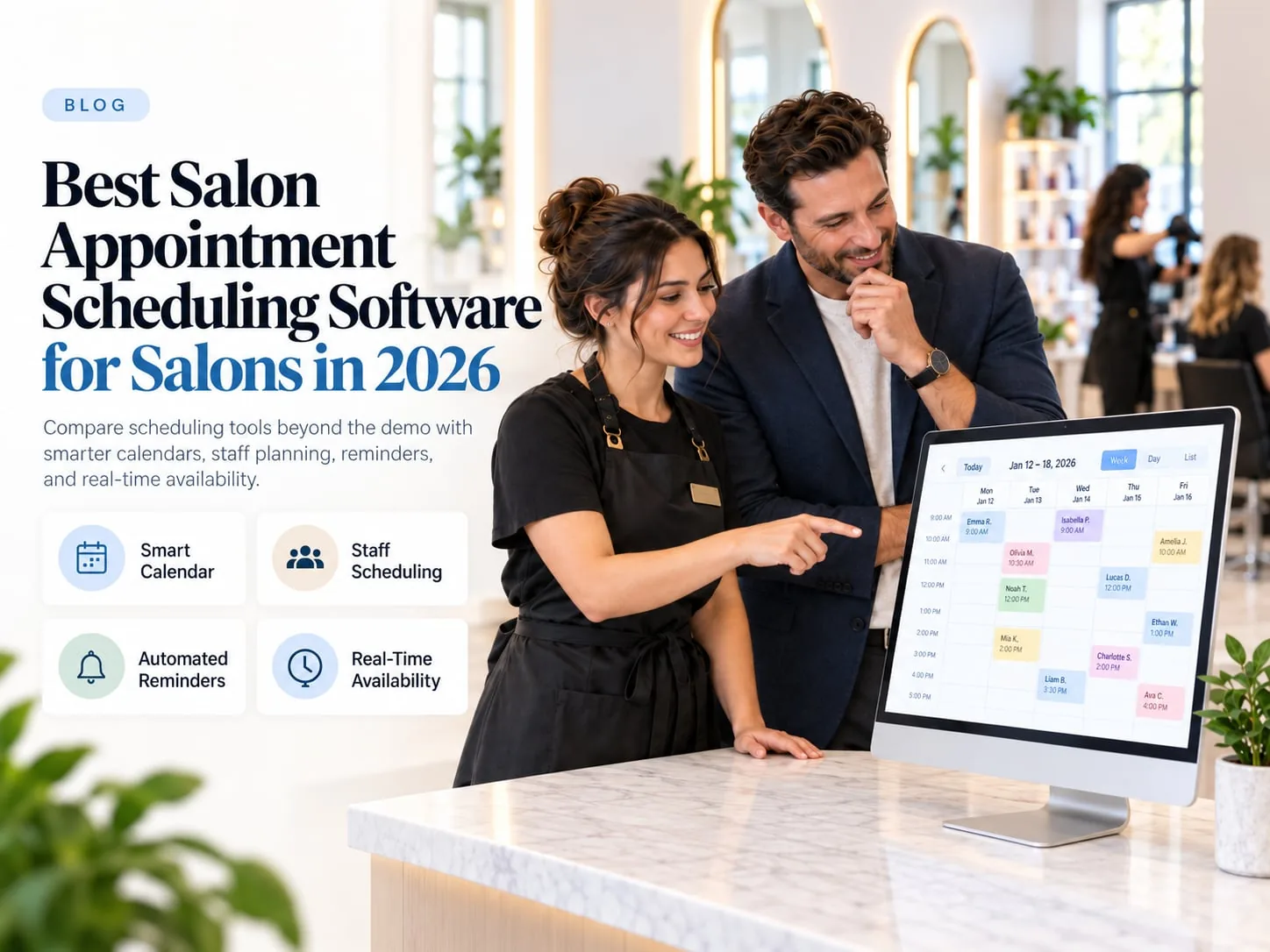 Wellnito blog banner for "Best Salon Appointment Scheduling Software for Salons in 2026" showing a salon manager arranging staff and appointment schedules on a tablet in a salon