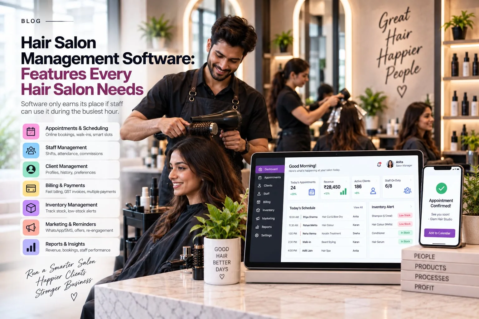 Wellnito blog banner for "Hair Salon Management Software: Features Every Hair Salon Needs" showing a salon professional using a tablet with the software's dashboard in a hair salon