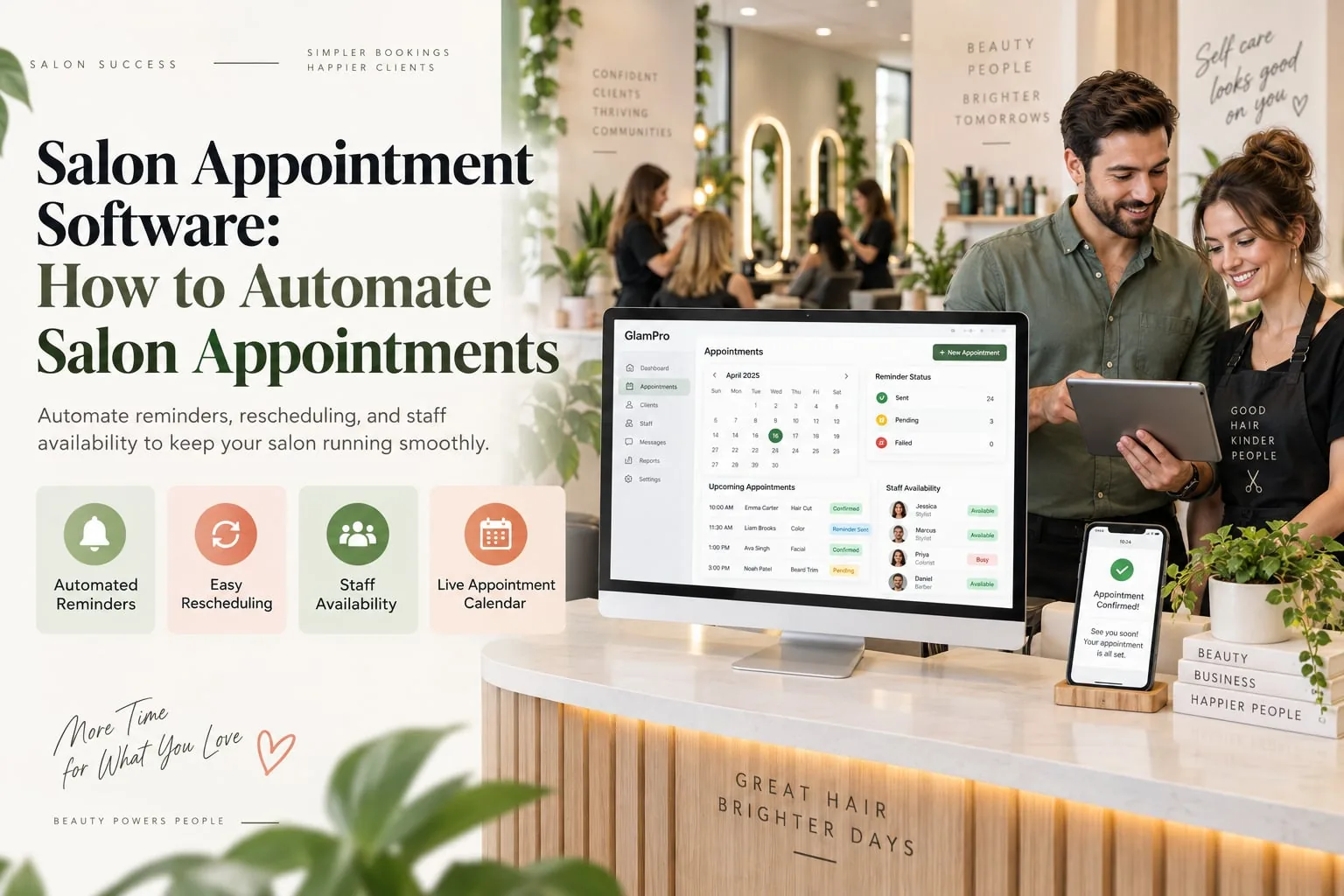 Wellnito blog banner for "Salon Appointment Software: How to Automate Salon Appointments" showing a receptionist confirming a booking on a tablet with a client in a salon