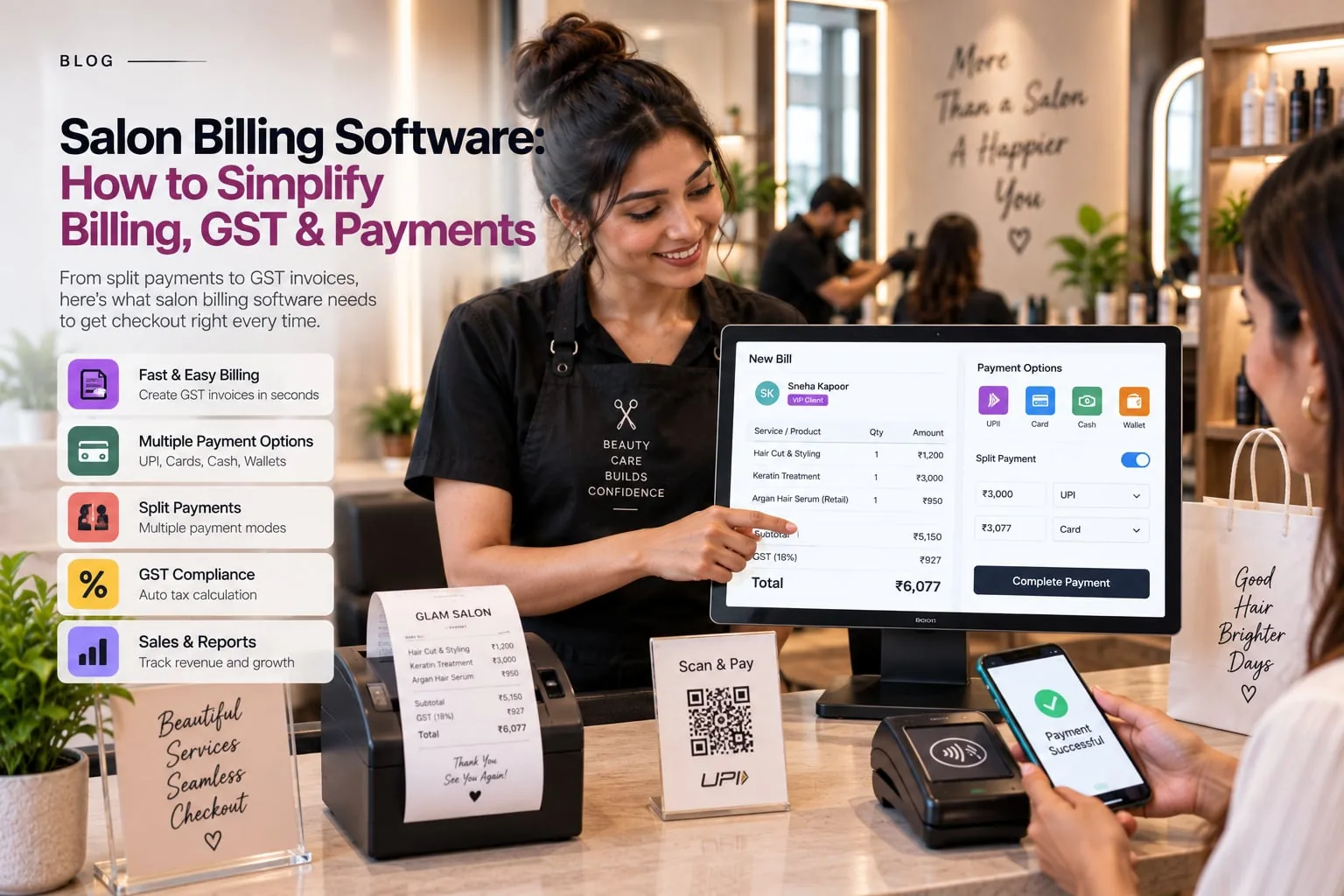 Wellnito blog banner for "Salon Billing Software: How to Simplify Billing, GST & Payments" showing a salon receptionist using a POS checkout screen while a client completes payment in a salon