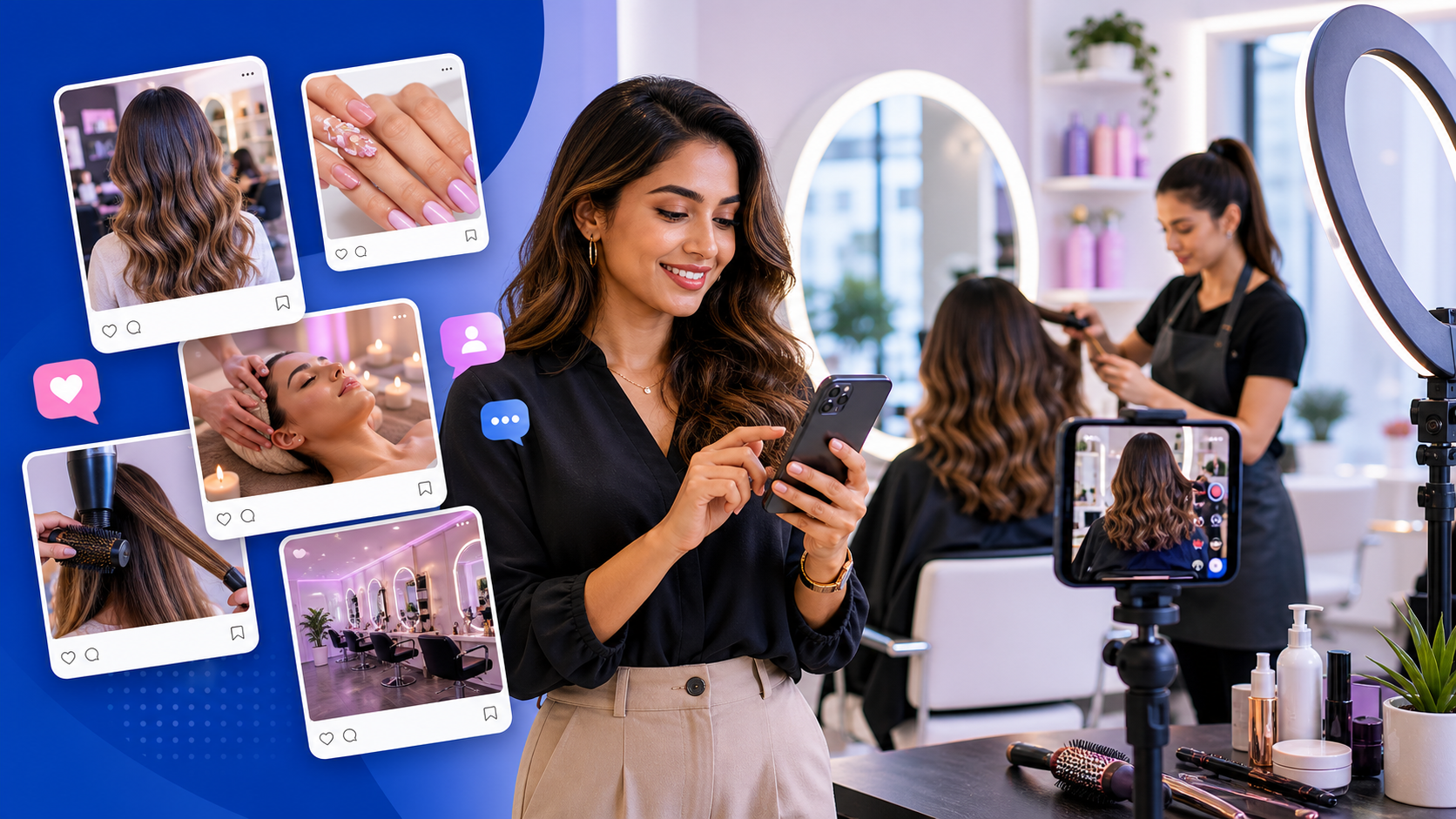 Salon content creator filming beauty content and reviewing social media booking enquiries
