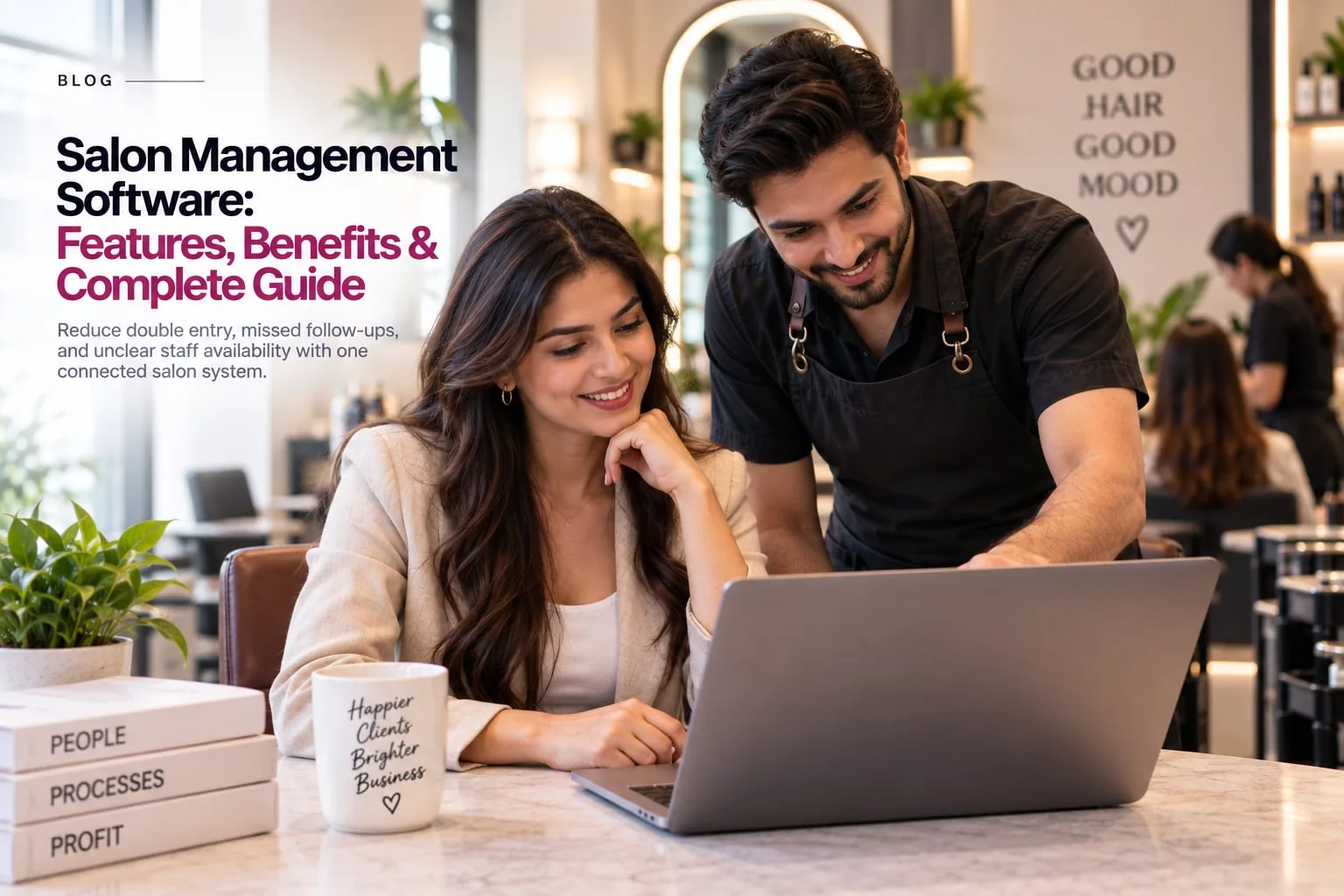 Wellnito blog banner for "Salon Management Software: Features, Benefits & Complete Guide" showing a salon professional using a tablet with the software's dashboard in a salon