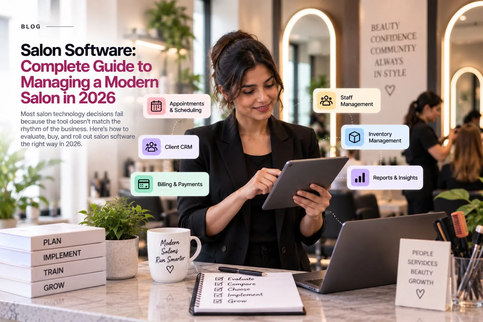 Wellnito blog banner for "Salon Software: Complete Guide to Managing a Modern Salon in 2026" showing a salon professional using a tablet with the software's dashboard in a salon