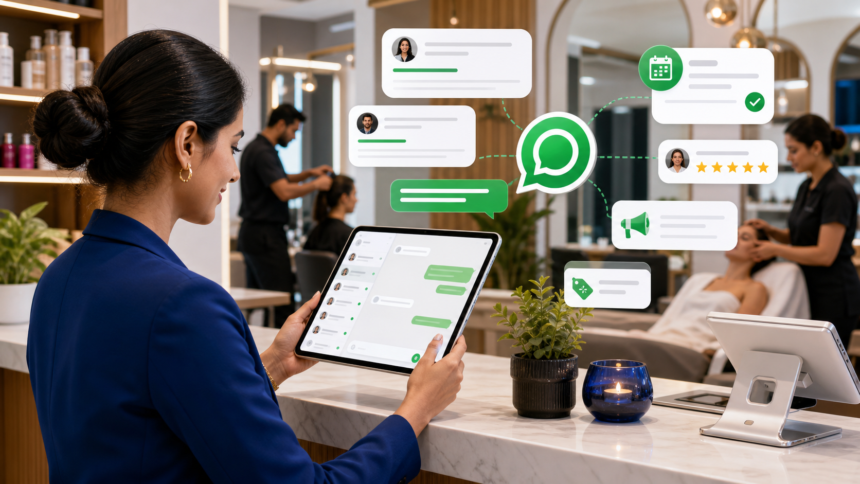 Salon team managing customer chats, appointment reminders, and booking notifications